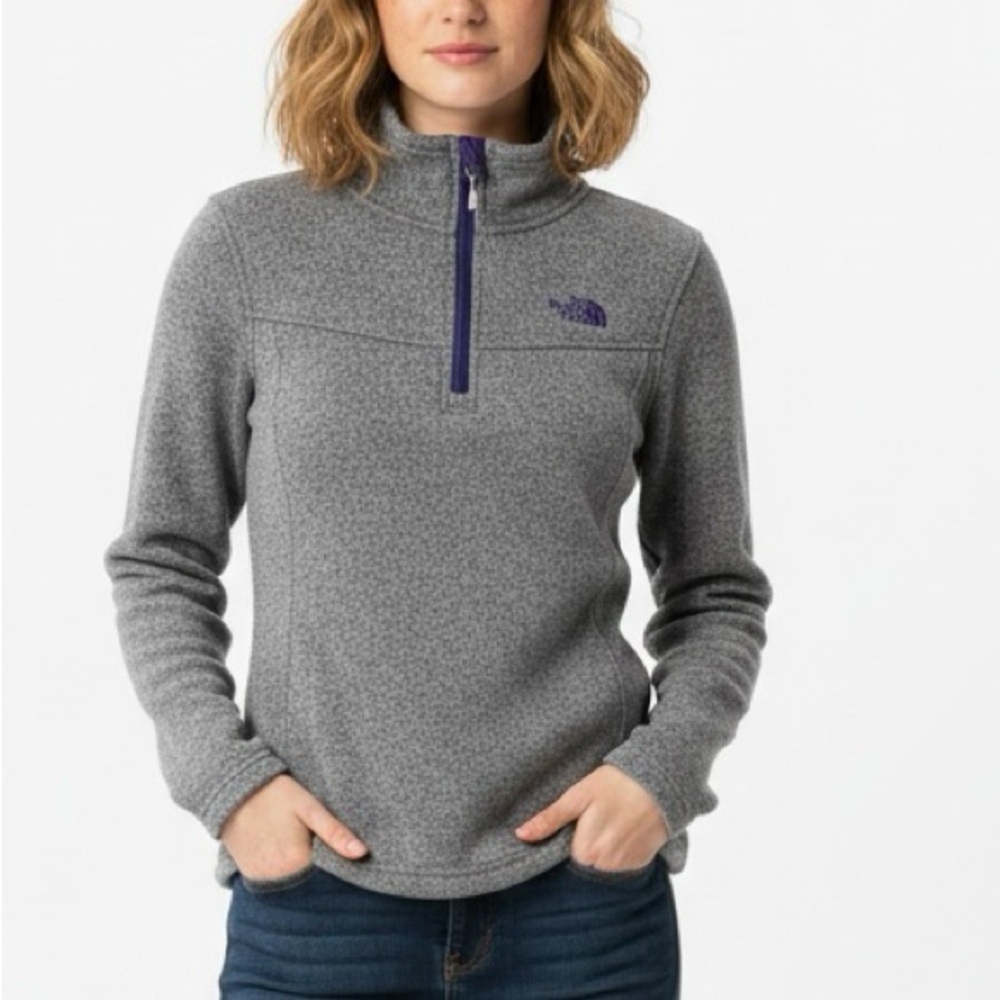 The North Face Grey Heathered 1/4 Zip Fleece Sweater Jacket Small Purple Logo